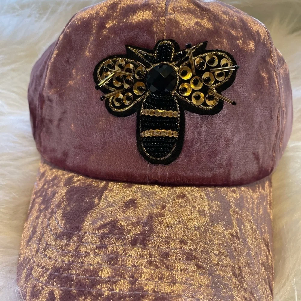 J.Elise Boutique Lavender Golden Bee Patch Distressed Velour Baseball Cap